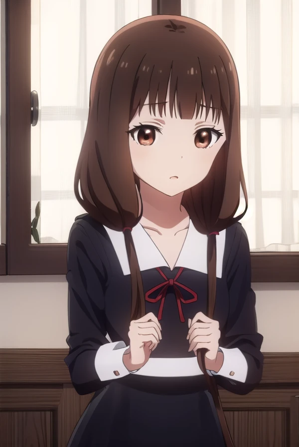 ((masterpiece:1.3, highly detailed:1.3, highres:1.1, best quality, HD, full image)),((miko iino, blunt bangs, (brown eyes:1.5), brown hair, hair tie, long hair, low twintails, red ribbon, ribbon, twintails,)),((black dress, dress, pinafore dress, , shirt, short sleeves, shuuchiin academy , white shirt, armband)),((school view, hallway, classes, trees)),((shy face, blushing, embarrassed))