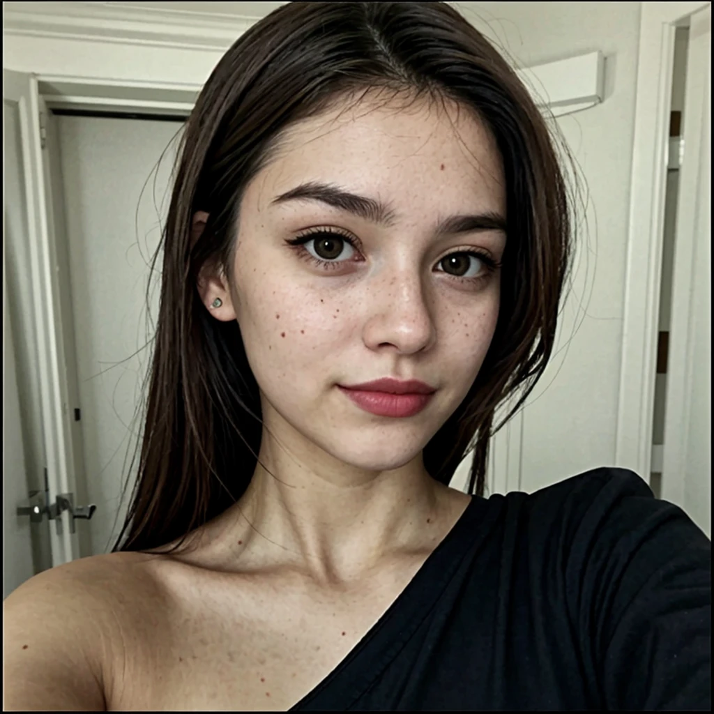 Elle a un visage ovale avec des pommettes saillantes, une mâchoire définie est asiatique, Japonais. Ses yeux sont grands et en amande, de couleur noire, avec des cils longs et épais, sourcils arqués, avec une  égratignure sur le sourcil droit. Son nez est petit et droit, et elle en a plein, lèvres larges. Ses cheveux sont noirs avec une mèche verte sur le côté gauche., court et lisse, généralement porté ample avec une frange qui couvre partiellement le front. Sa peau est claire avec beaucoup de taches de rousseur sur le nez et les joues roses.. Elle porte des lunettes et PREND UN SELFIE, prendre un selfie avec son téléphone portable, prendre une photo de selfie avec votre téléphone portable TIRANDO UMA SELFIE, prendre un selfie avec son téléphone portable, prendre une photo de selfie avec votre téléphone portable