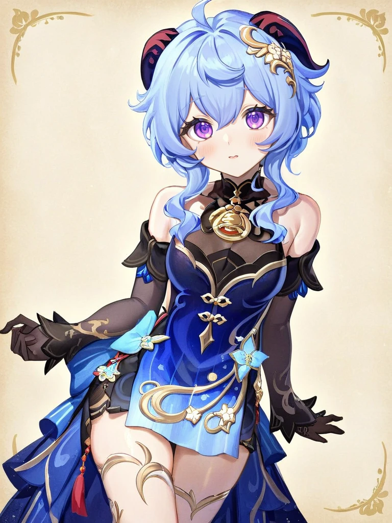 <lora:xl_ganyu_(twilight_blossom)_(genshin_impact)-000006:1>,ganyu is a girl with light blue hair purple eyes and horns,She is wearing the "xuanyuyaofang" outfit which includes blue china dress and black black sleeves,
