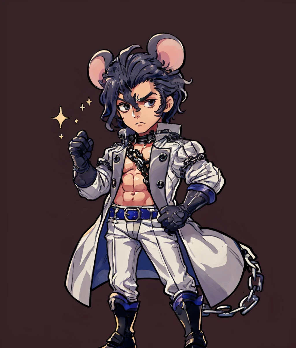 simple background, (chibi:1.2), 1boy, solo, full body, mouse ears, whiskers, long tail, confused, panicked, <lora:BalthusFE3H:0.8> balthusFE3H, gloves, navel, coat, open clothes, belt, chain, boots <lora:Cutedoodle_SD15-000008:0.65> cute doodle