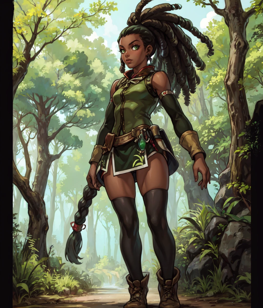 masterpiece, high res, detailed face, detailed eyes, anime screencap, 1 girl, solo, slender, (((long black tighs))), top tree, top of a branch, lookout, seem from below, standing dark skin. dreadlocks, ponytail, green eyes, green top, ((full body)), outdoors, forest <lora:Aila:0.8>