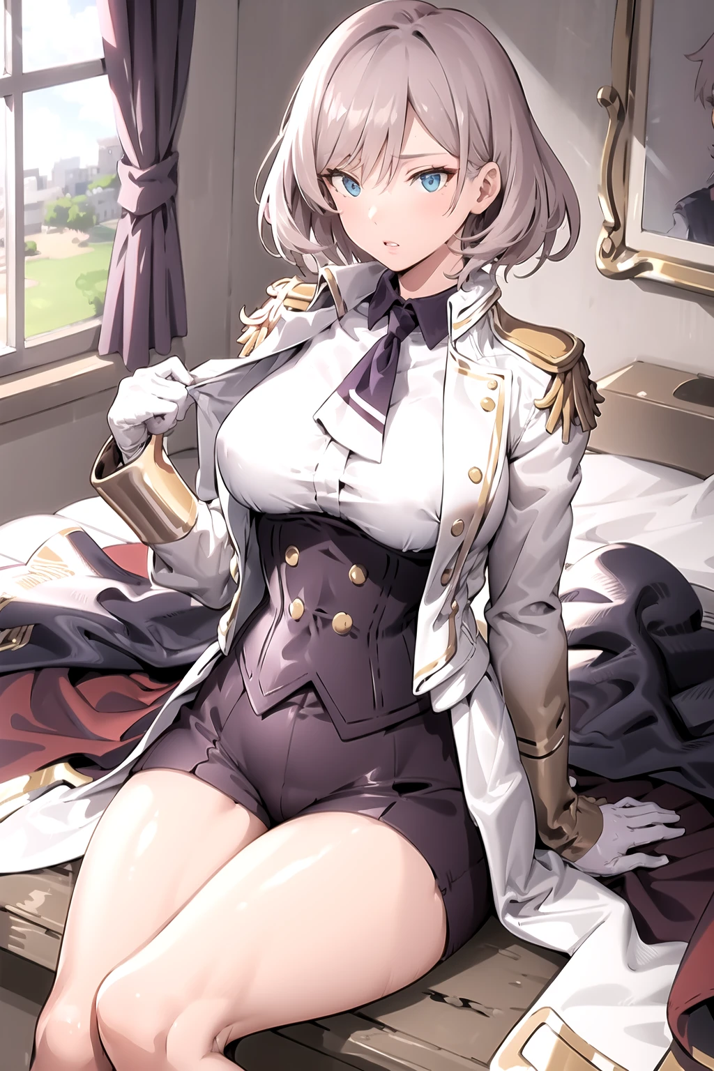 <lora:DynazenonMujina:1>, Mujina, open jacket, corset, underbust, epaulettes, sitting