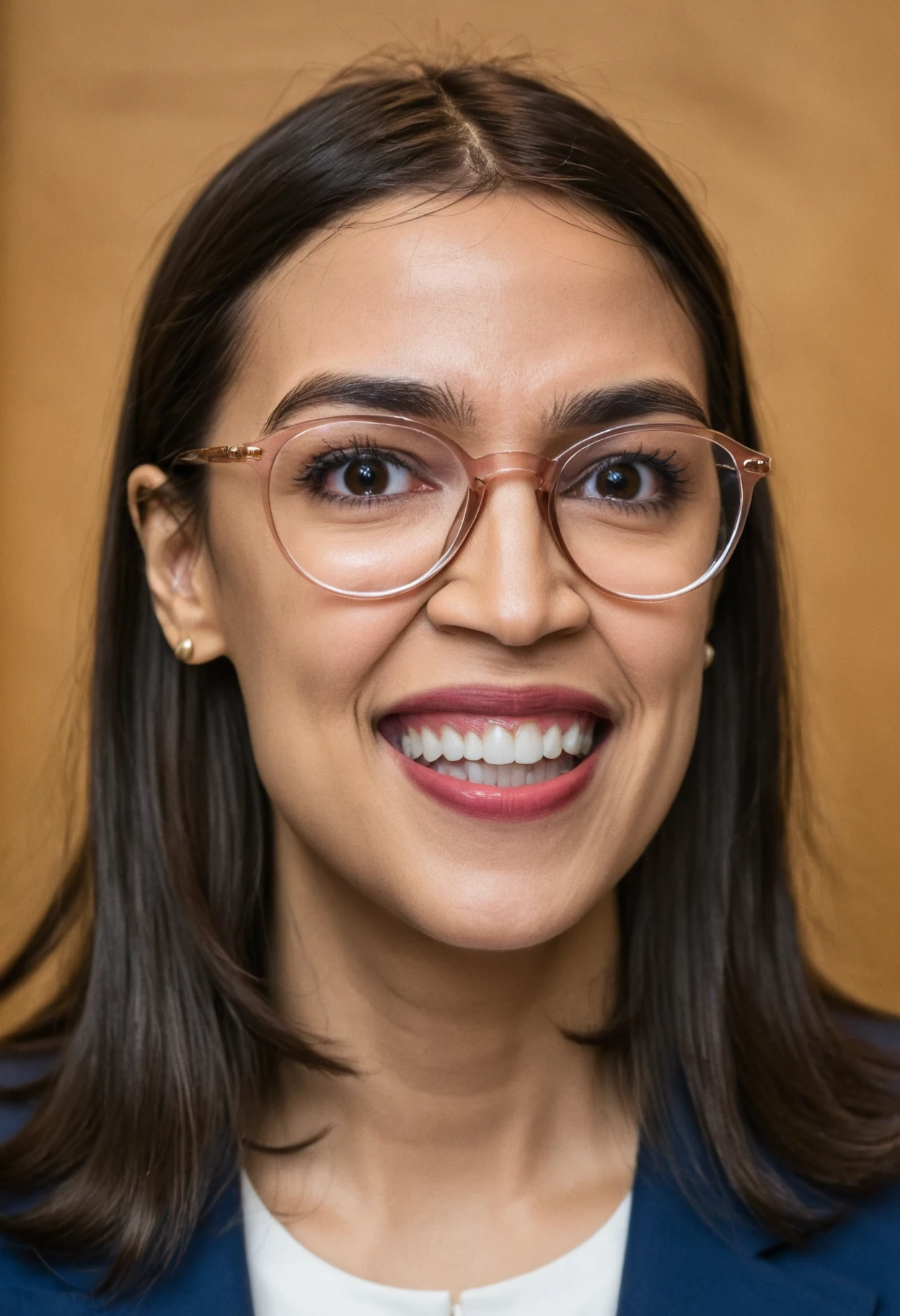an exquisite close-up portrait photograph, 85mm medium format photo of alexandria_ocasio_cortez wearing glasses, smiling, <lora:alexandria_ocasio_cortez_aoc_sdxl_60:0.8>