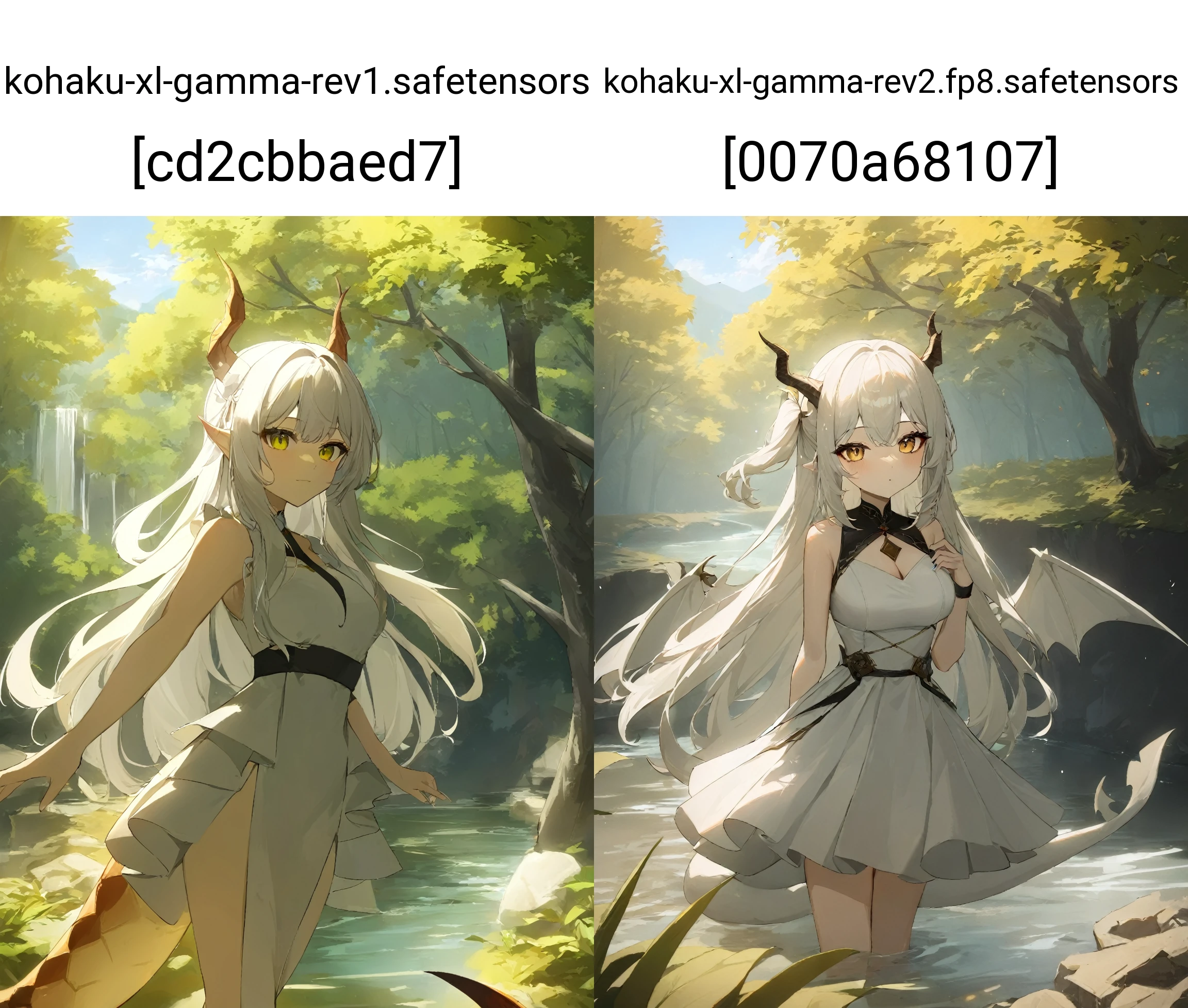 1girl,
masterpiece, best quality, absurdres, recent, newest, safe, sensitive,
solo, dragon girl, dragon tail, dragon wings, dragon horns, white dress, long hair, side up, river, tree, forest
