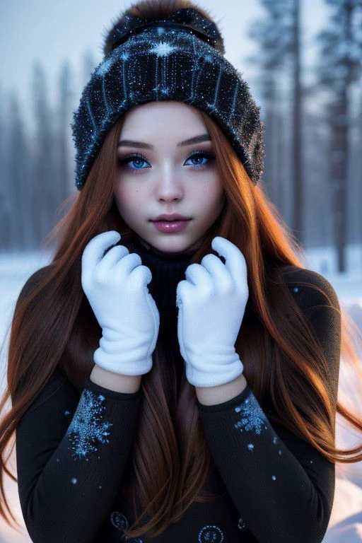 BETA TEST,1girl, young and gorgeous,(red long hair):1.25, perfect body, looking at viewer,  soft face, winter season,( GLOVES):1.2 ,(winter clothes in colors  that remind you of the night sky):1,2,CANDID  PORTRAIT PHOTOS,