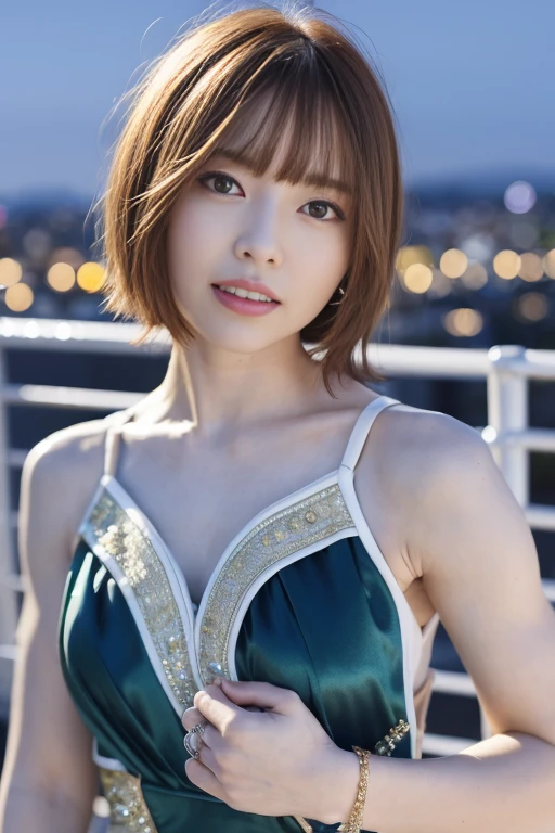 1girl, (wearing evening gown:1.6),(RAW photo, best quality), (realistic, photo-realistic:1.4), masterpiece, an extremely delicate and beautiful, extremely detailed, 2k wallpaper, Amazing, finely detail, extremely detailed CG unity 8k wallpaper, ultra-detailed, highres, soft light, beautiful detailed girl, extremely detailed eyes and face, beautiful detailed nose, beautiful detailed eyes,(cinematic lighting:1.4),(in the city at night:2.0),perfect anatomy,(slender body:1.2),(close up face:2.0),(gentle smile,Friendly, warm:2.0),(looking at viewer:1.8),(japanese idol:1.8),(wavy short hair:1.6), (brown eyes:1.8),(standing and posing:2.0),(cleavage:0.8), <lora:izumifuuka_lora-v2_01:0.8>