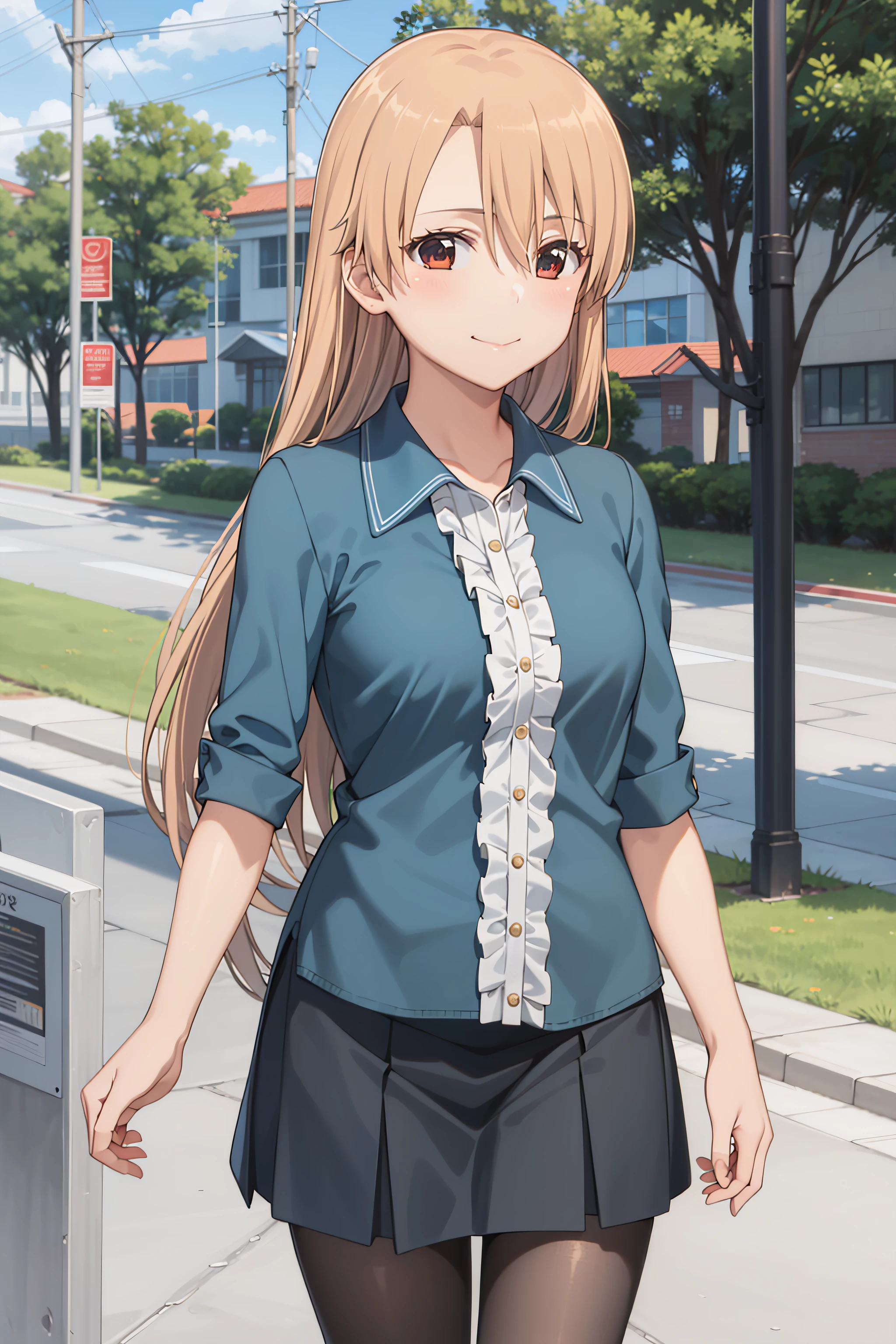 best quality, masterpiece, detailed,
<lora:KissXSis_KiryuuYuuzuki:0.9>, KiryuuYuuzuki,
1girl, closed mouth, light smile,
brown hair, brown eyes, long hair,
blue shirt, frilled shirt, skirt, black pantyhose,
standing, looking at viewer,
outdoors, school