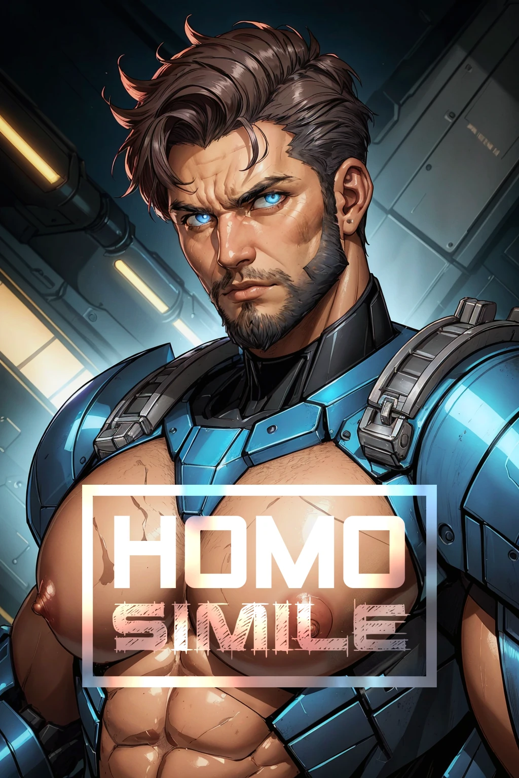 a (man) wearing a worn mech suit, (30 years old), chiseled jaw, (rusted metal), photo by greg rutkowski, soft lighting, vibrant colors, (glowing blue robot eyes), face portrait, ((extreme close-up:1.1)), science fiction, (large-muscles), ((large pectorals)), puffy nipples, beard, (angry), cinematic photography, pectorals, (from side:0.6), looking at viewer, very short undercut hair, detailed scifi factory background, nude, best quality, masterpiece, extremely detailed, intricate details, sharp focus, soft lighting, vibrant colors, cinematic photography, volumetric lighting, film grain, hard shadows, chiaroscuro, filmic, subsurface scattering