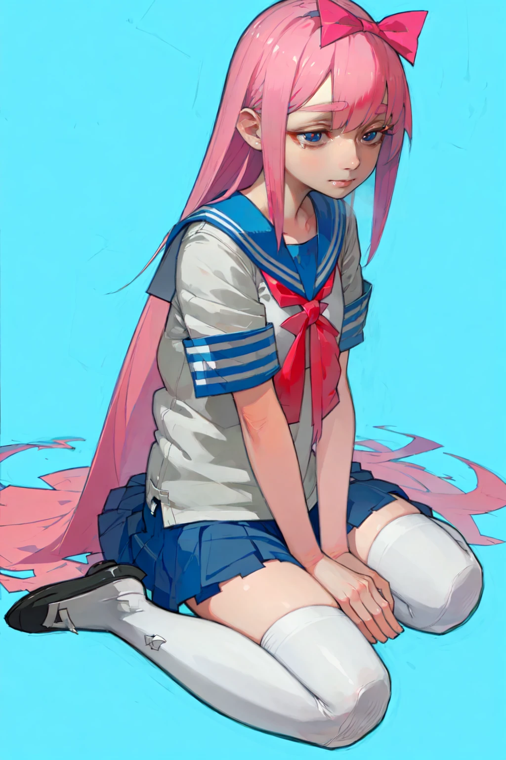 masterpiece,  AGGA_ST060,  1girl,  solo,  long hair,  skirt,  shirt,  thighhighs,  bow,  sitting,  very long hair,  school uniform,  full body,  closed eyes,  white shirt,  pink hair,  short sleeves,  pleated skirt,  teeth,  serafuku,  tears,  sailor collar,  white thighhighs,  blue background,  wariza,  crying,  sharp teeth,  pink bow,  clenched teeth,  between legs,  hand between legs,<lora:EMS-277417-EMS:0.700000>