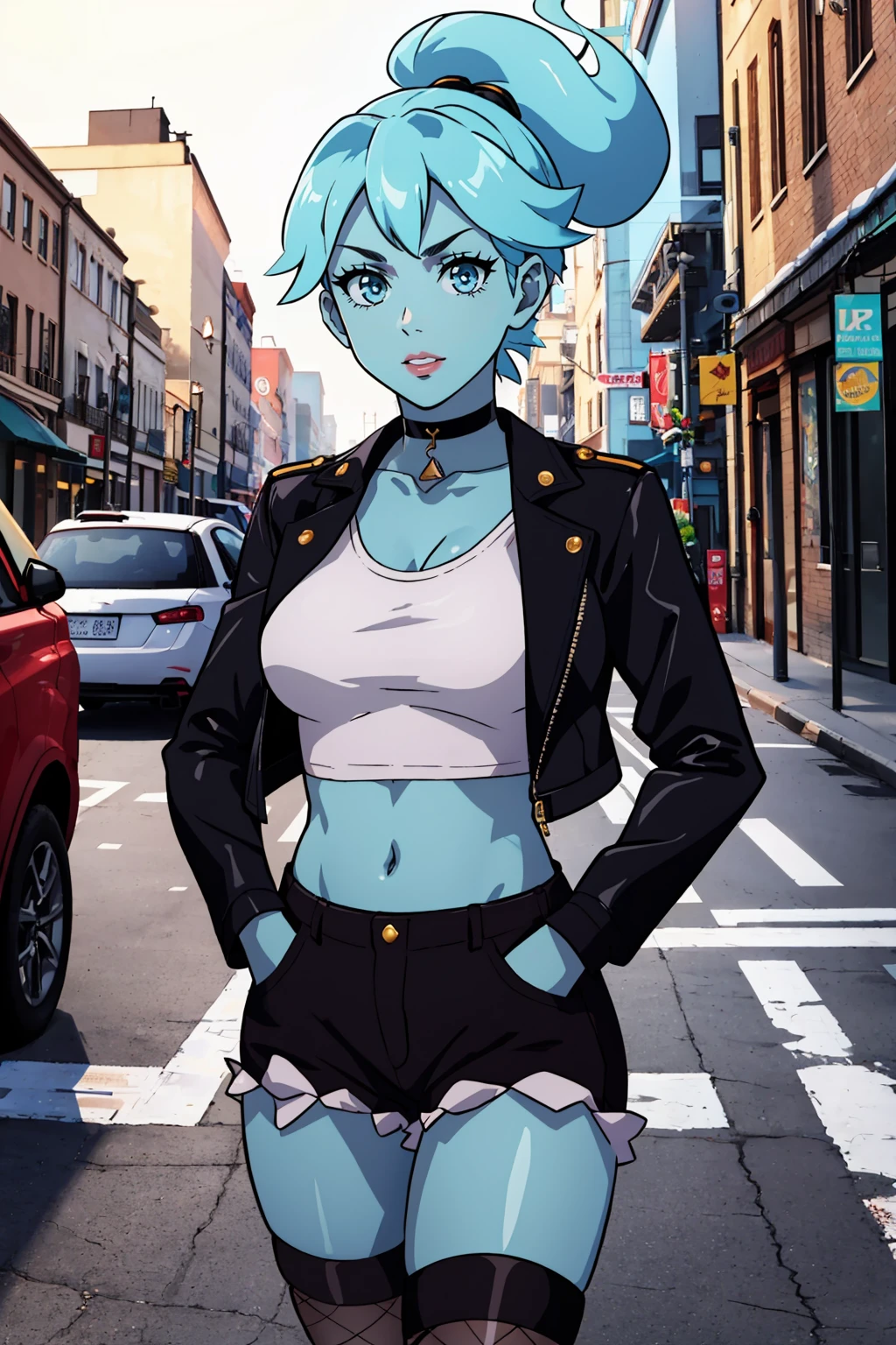 masterpiece, best quality, 1girl, solo, breasts, looking at viewer,  <lora:pollygeist-guy-v3:.95>, pollygeist, (blue skin:1.2), gothic, crop top, thighhighs, fishnets, shorts, outdoors, city, choker, makeup, leather jacket, hands in pockets, fishnet top,