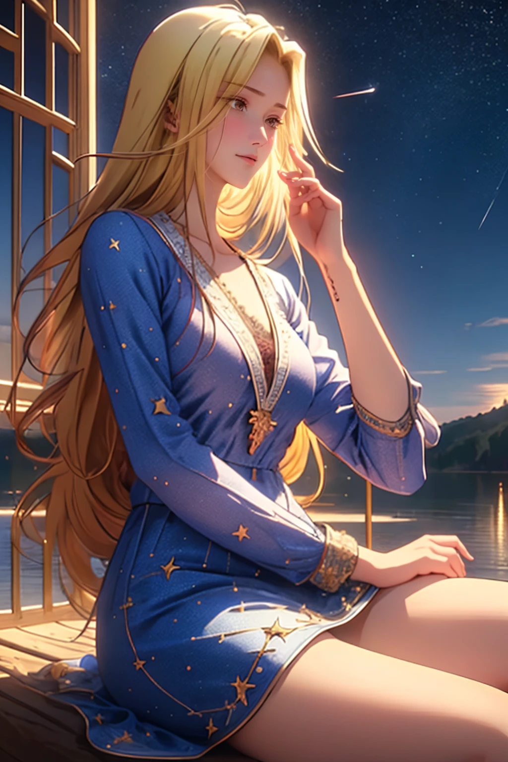 ultra detailed, sharp focus, best quality, masterpiece, colorful, high contrast, dynamic lighting, intricate details, 1girl, solo, <lora:NSArisaBasket:1> NSArisaBasket, lake, sitting, night, stars