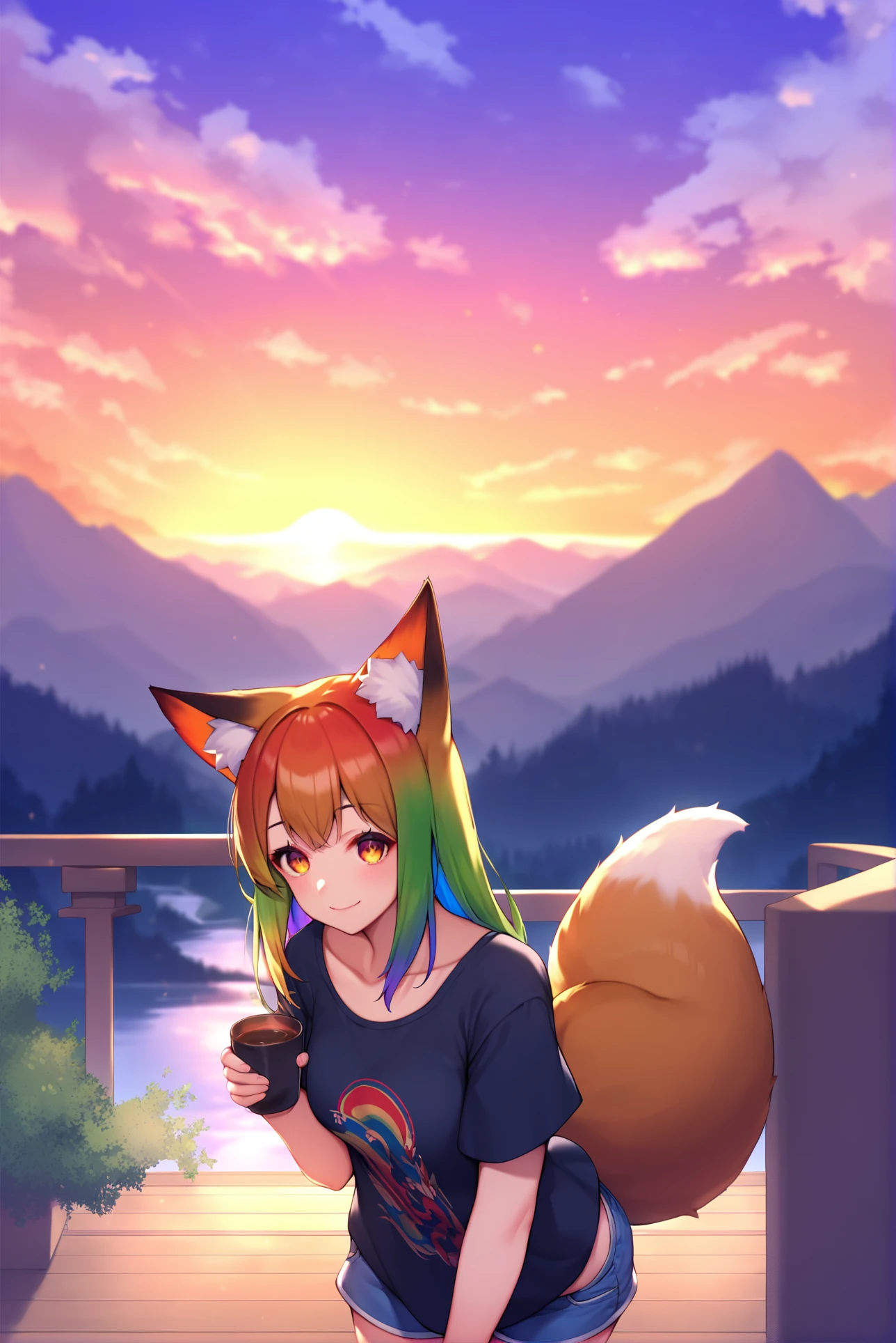 score_9, score_8_up, score_7_up, score_6_up, best quality, masterpiece, uncensored, source_anime,
by minaha \(playjoe2005\),
cute girl with rainbow strand of hair smiling at camera and holding a cup of tea, cowboy shot,
1girl, fox girl, fox ears, fluffy fox tail, animal ear fluff, rainbow hair, :3, multicolour hair, wearing sleeveless t-shirt and shorts, sideboob,
outdoors, asian temple, outdoors, dusk, sunset in mountains, lake, (snow peaks:0.8),chiaroscuro , (dark night, low color gamma, dark colors, low brightness:1.1)
sharp,