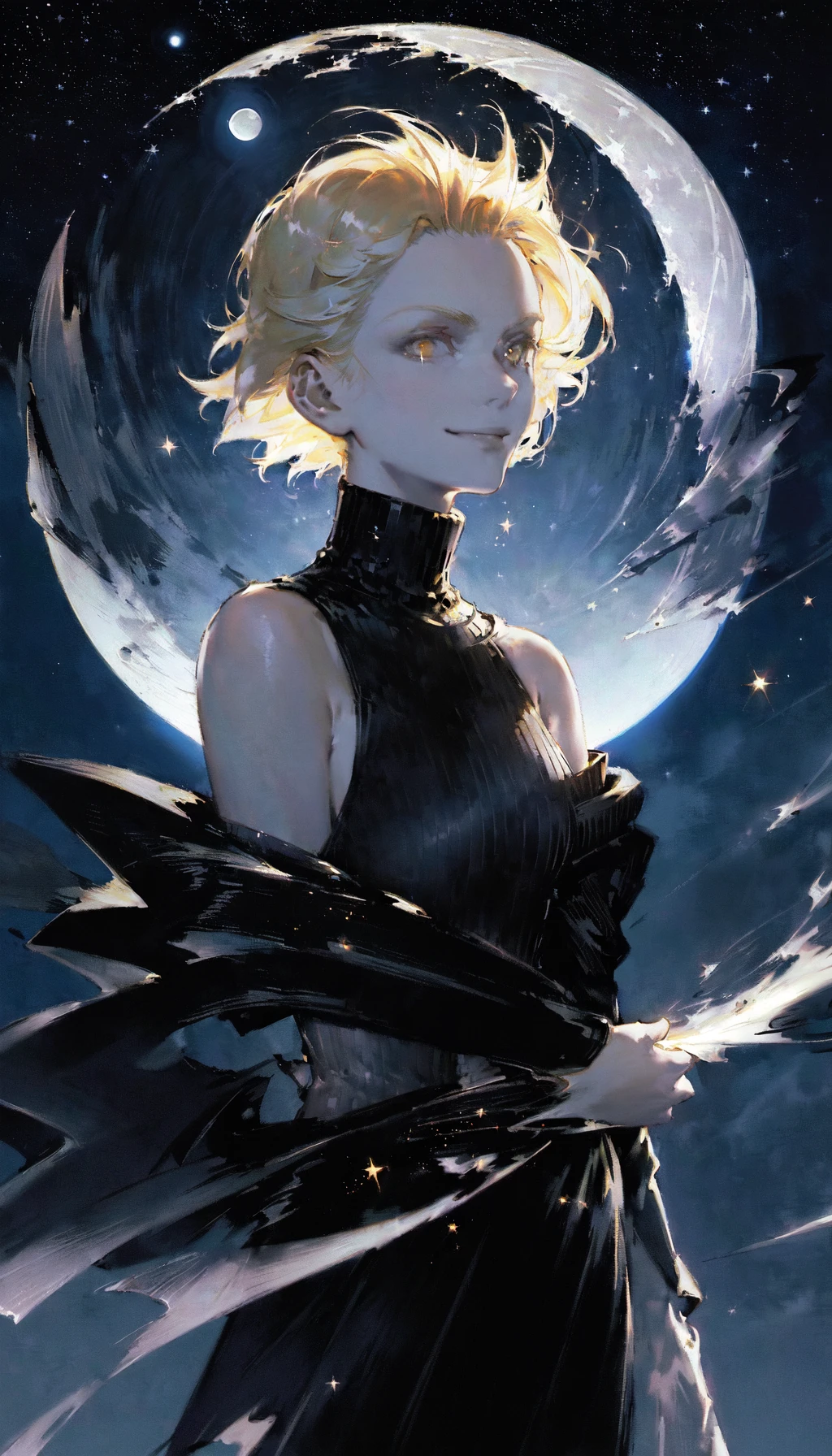 masterpiece, best quality, portrait, 1girl, short hair, platinum blonde hair, turtleneck, open jacket, off shoulder, smug, smirk, elegant, floating hair, dark moody lighting, night sky, night, starry sky, (moon, full moon, glittering, sparkle, light particles:1.2)