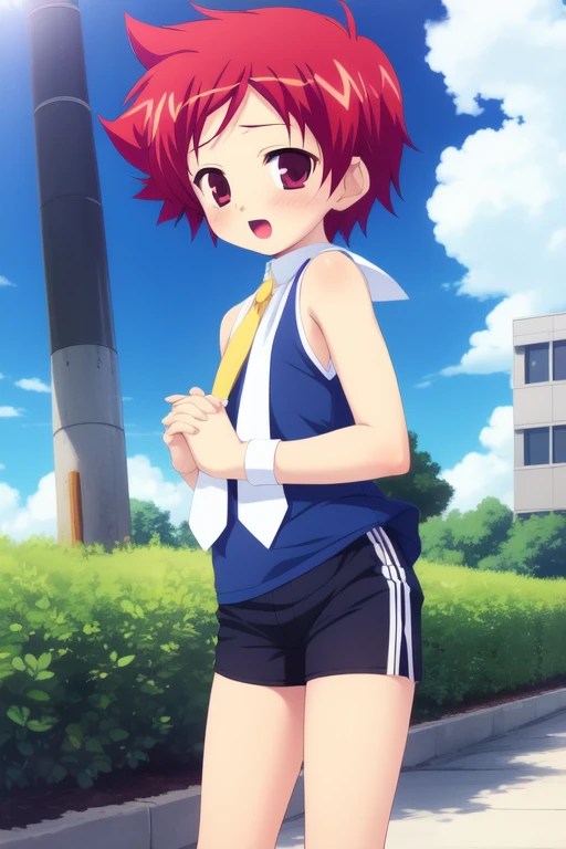 <lora:Tsurumi_Tsubasa:0.8>, :TsurumiTsubasa, 1boy, solo, shoes, necktie, blue Shorts, socks, blush, mary janes, open mouth, standing, blue Shorts, white socks, looking at viewer, own hands together, bare shoulders, sleeveless, anime,
masterpiece, high quality, very_high_resolution, large_filesize, full color,