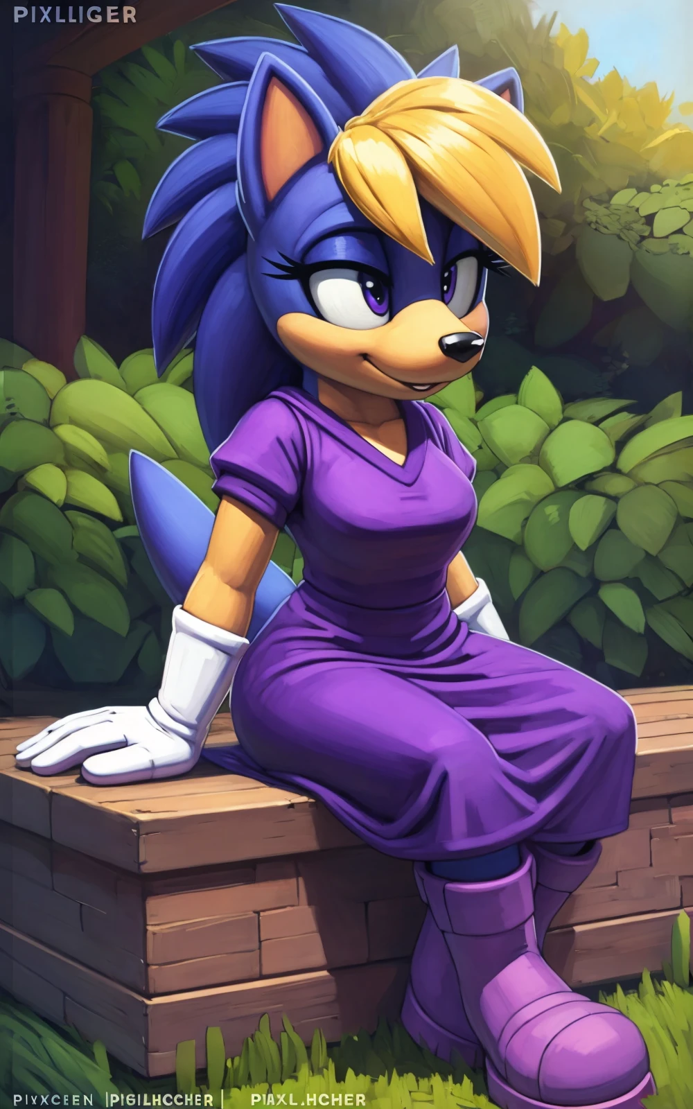 8k,4k,((Best quality, masterpiece, ultra high resolution)),((full body, by pixelsketcher)), <lora:Bernadette:0.8>,Bernadette,furry, purple dress,blue hair,blonde hair, animal nose, multicolored hair, purple footwear, animal ears, tail, boots, two-tone hair, body fur, furry female, bangs, spiked hair, gloves,animal nose,blue skin,((white gloves)),garden,sitting,small tail