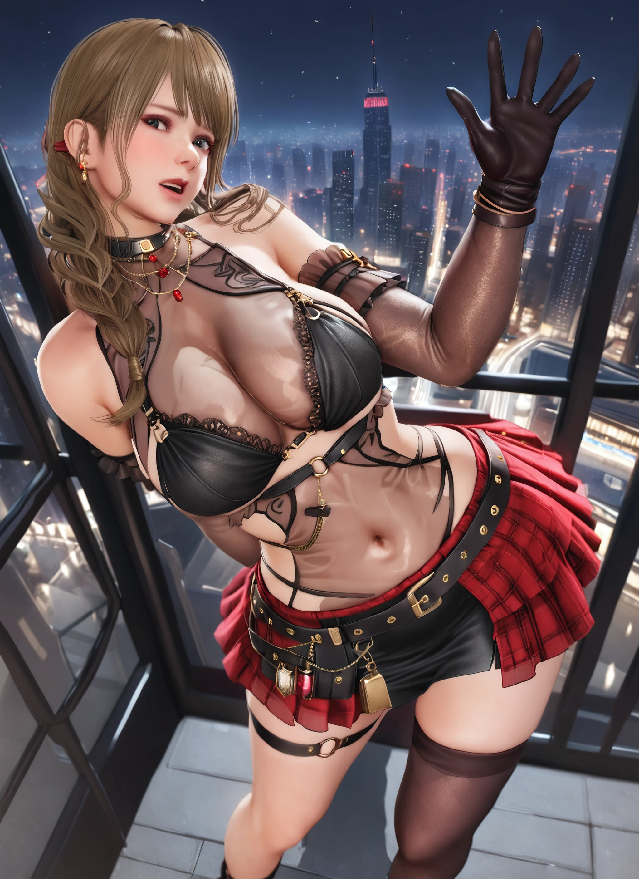 Short ponytail hairstyle , Blue high leg lace lingerie , nsfw , muscle , Squatting , selfie , extremely giant breasts