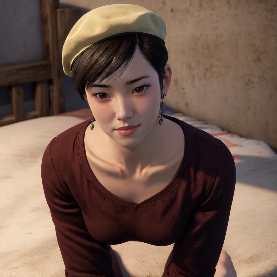 <lora:Sh3nhu4:0.8>, sh3nhu4 woman, hat, kneeling on her knees on a bed, wooden walls, collarbone, earrings, wearing a tight dress, stomach exposed, beautiful, vulnerable, anxious, alluring, \, pose,
1girl, solo, vibrant, pov, hd, artstation, realistic cartoon artstyle, 8k, soft focus, looking at the viewer,