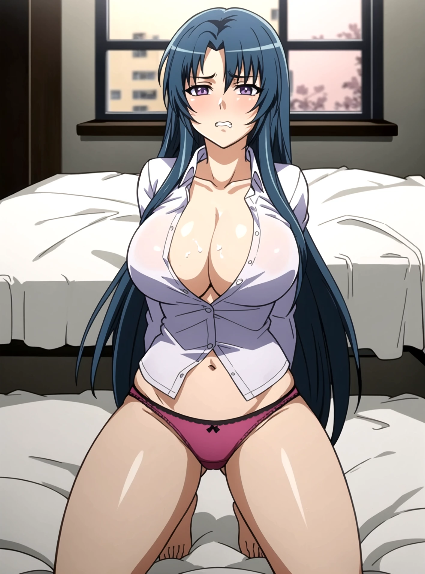 masterpiece, lots of detail, 4k, 8k, ((ultra-detailed)), highres, cinematic lighting, atmospheric lighting, official artwork, full body, hetero, indoors, bed, bedsheets, <lora:Houkago_2__SaiyuriV2-10:0.7>, sayuriv2, 1girl, solo, female focus, long hair, blue hair, sidelocks, purple eyes, looking at viewer, blush, clenched teeth, (saliva trail), saliva , arms behind back, hidden hands, kneeling, legs apart, large breasts, collarbone, cleavage, inner sideboob, gluteal fold, bare arms, (open shirt), navel, panties, breast focus, no bra, (white shirt),