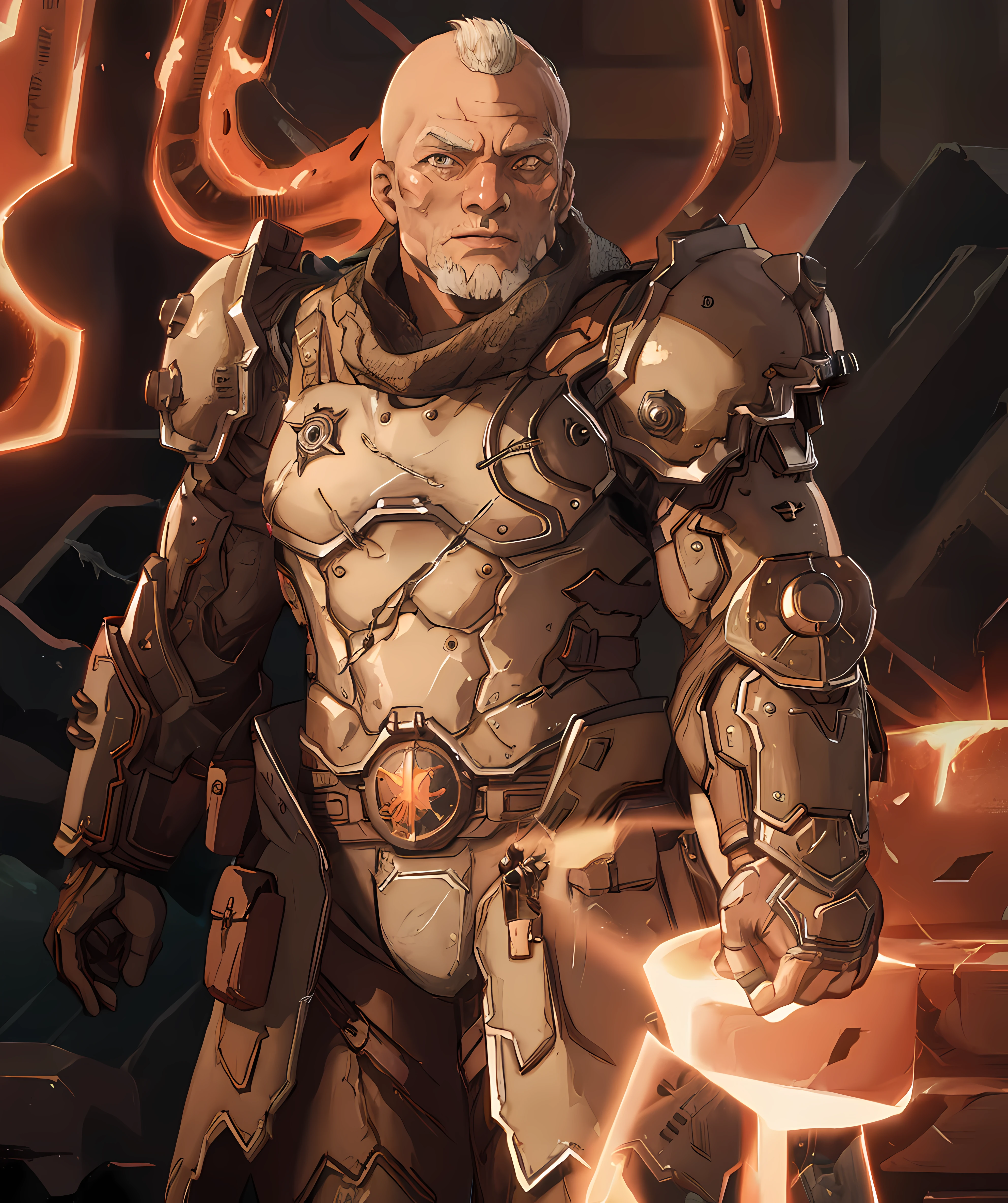 commander_valen, standing, looking at viewer, armor, muscular, hell background, fire, lava <lora:Valen:0.8>