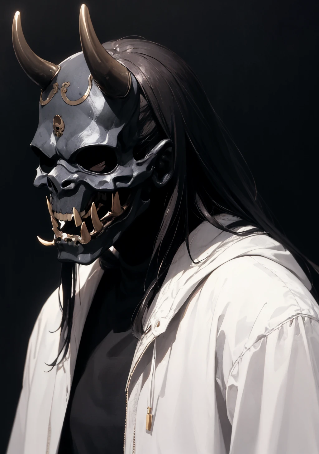 oni_mask, solo, long hair, simple background, black hair, 1boy, upper body, male focus, black background, skull, skull mask, <lora:oni_mask-08:1>