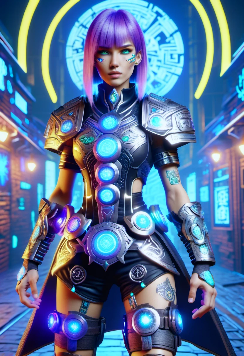 hyper detailed masterpiece,DonMMy51ic4lXL, male female cyber mercenary, legal age, fit, central asian, hazel eyes, uneven cheeks, oblong face shape, , lilac wispy bangs hair, satisfaction, running start, character leans forward with one foot back, poised for a sprint, wearing holographic culottes, holo-glitter hot shorts, holo-glitch sneakers, , power pose, character stands with legs apart, fists clenched, and head held high, projecting strength, glowing tattoos and implants, scavengers searching for valuable cyberware and tech relics, cyberpunk fantasy , runes <lora:DonMMy51ic4lXL-v1.1-000006:0.8>