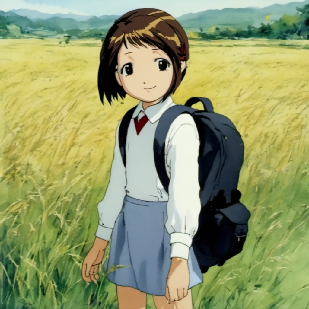 masterpiece, best quality, 1girl, shiina_figure17fsefgas, black socks, fine-face, detailed face, looking at viewer, light smile, rice_field, [school_backpack], upper body, arms_behind_back,child, classic painting by Leonardo da Vince, <lora:figure17Lora_XL-000004:1>