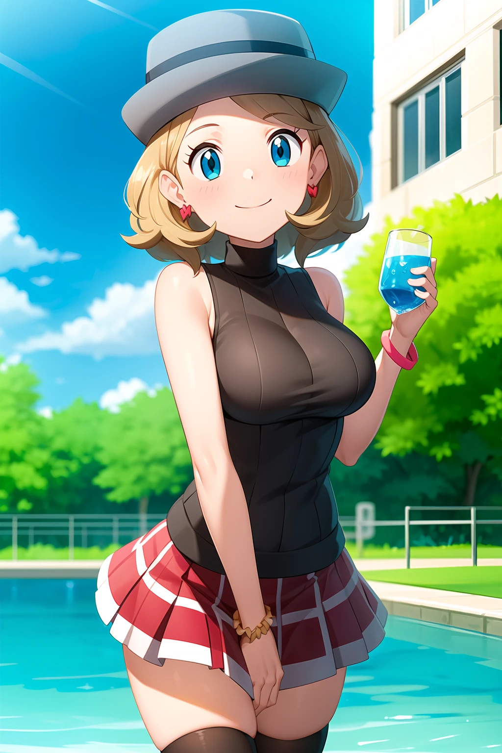gonzarez, masterpiece, serenaj, 1girl, grey headwear, solo, jewelry, thighhighs, sleeveless turtleneck, turtleneck, skirt, smile, sweater vest, blonde hair, earrings, hat, blue eyes, sleeveless, closed mouth, eyelashes, vest, blush, bangs, breasts, medium hair, bracelet, looking at viewer, outdoors, black thighhighs, brown thighhighs, sky, day, sparkle, shiny, cloud, pleated skirt, red skirt, brown vest, water, cowboy shot, <lora:Serena_Journeys:0.8> <lora:more_details:0.2>