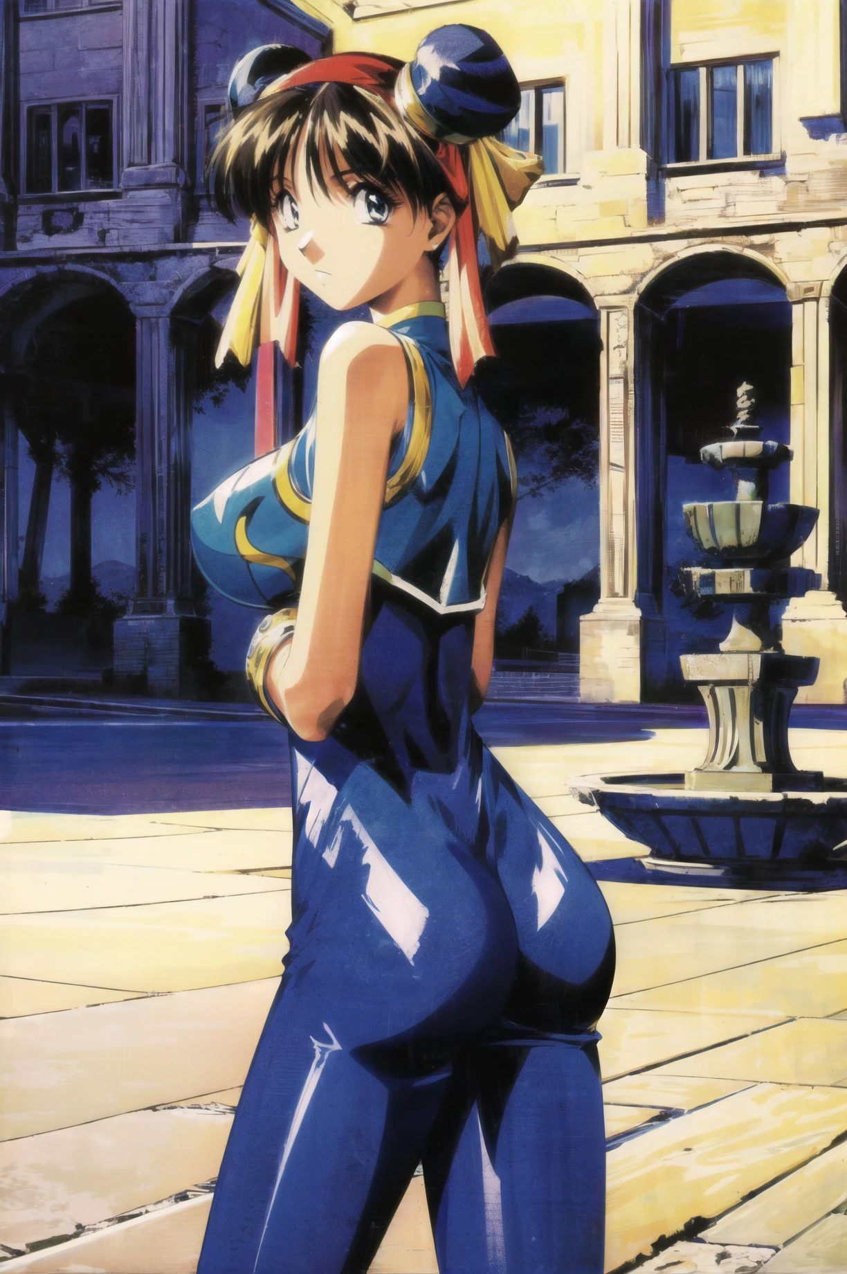masterpiece, best quality, 1girl, looking at viewer, ultra detailed, <lora:add_detail:0.5>, courtyard, ornate fountain, cobblestone paths, tranquil, <lora:yamashita_toshinari_FW:1> , chunli_alpha, ass