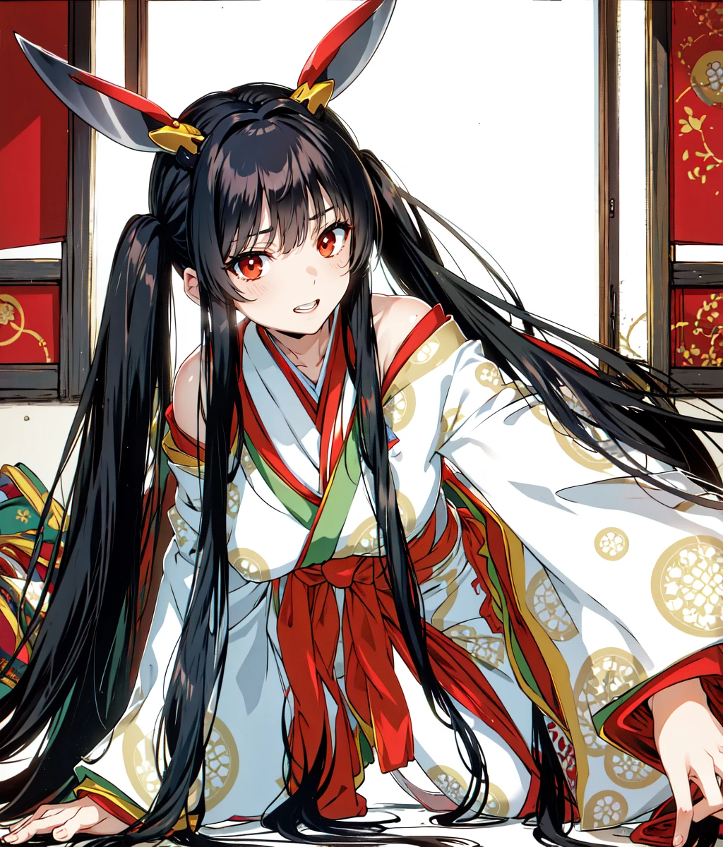 masterpiece, high res, detailed face, detailed eyes, anime screencap, 1 girl, solo, proud, smug, black hair, red eyes, really long hair, pigtails, head ornament, white kimono, long sleeves, lying on floor, torn clothes, cowboy shot, full body, indoors, japanese house,  <lora:Kaguya:0.8>