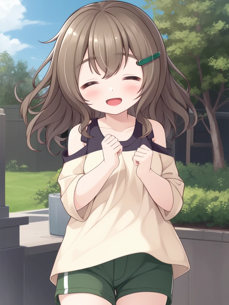 <lora:Fukami_Nonoka:0.8>,FukamiNonoka, 1girl, solo, closed eyes, hair ornament, sky, morning, open mouth, smile, bangs, green shorts, shirt, shorts, shoulder cutout, hands up, facing viewer, collarbone, blush, cowboy shot, clenched hands, bare shoulders, :d, yellow shirt, clothing cutout, ^_^
masterpiece, high quality, very_high_resolution, large_filesize, full color,