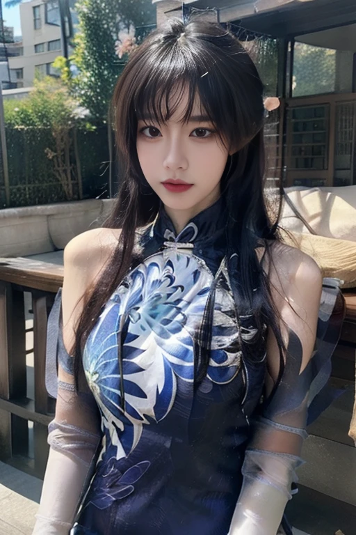 Royal princess，Super detailed, Delicate face, Stock Photography , Portrait 400, F1 Camera Lens.6, Colorful, Surrealism, Realistic textures, Dramatic Lighting, Thin Film Distiller 800 (8K, original photo, Better quality, masterpiece: 1.2), Super detailed, (Extremely delicate skin: 1.2), 8K 超高清, SLR camera, Soft Light, high quality.Fire Queen，Blue pupils，Apply red lipstick，Have a tattoo，The tattoo is very three-dimensional，Gorgeous and intricate tattoo designs，8K Mugshot，Large Breasts，Dark eyeshadow，Sexy thick lips(Red lipstick)，Ice Princess，The facial features are very three-dimensional，Blue and white porcelain cheongsam，Disdainful look(despise，Contempt，angry，impatient look)