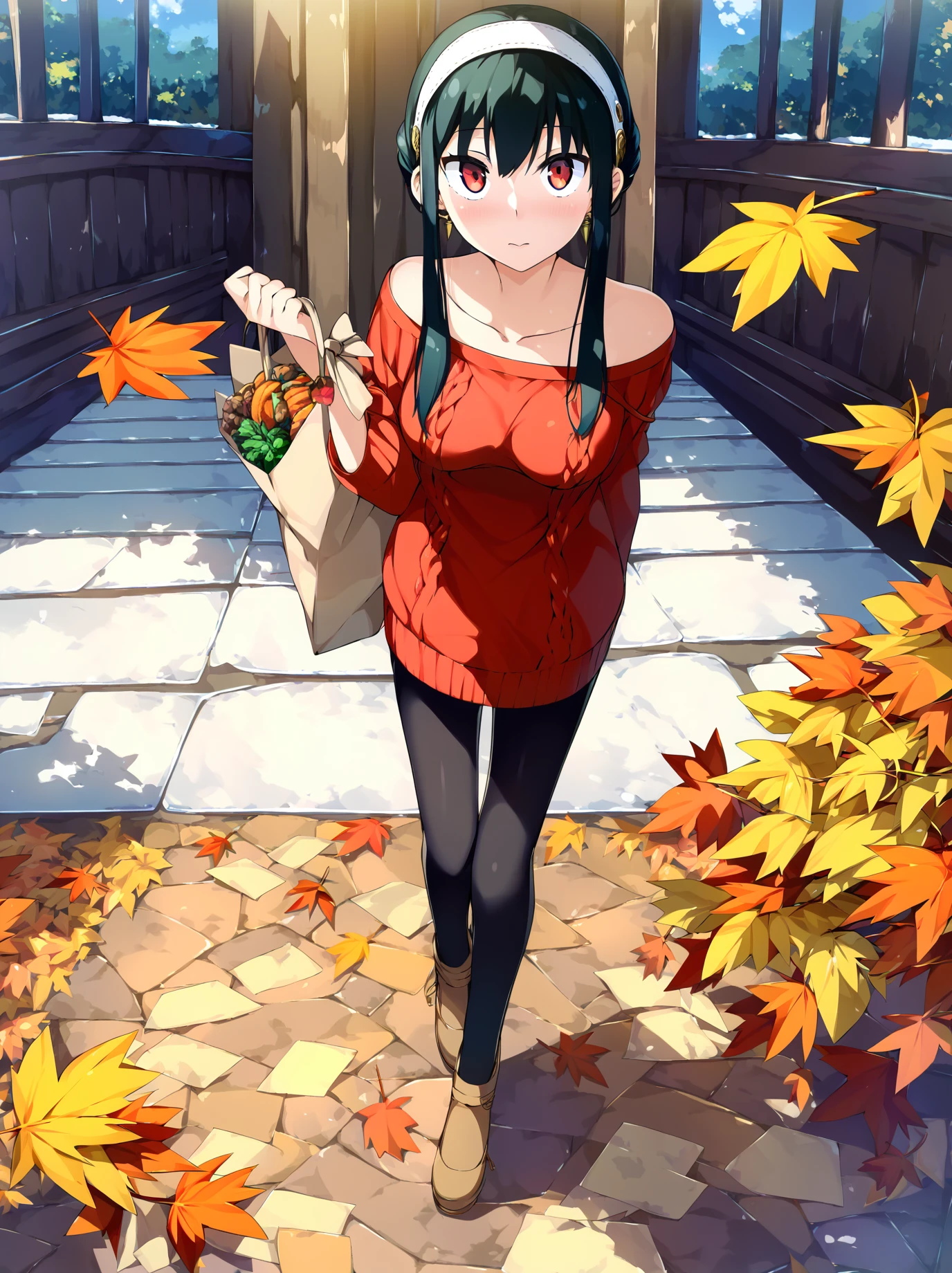 score_9, score_8_up, score_7_up, best quality, masterpiece, uncensored, source_anime, by kantoku
BREAK
yor briar, 1girl, arm behind back, autumn, autumn leaves, bag, bare shoulders, black hair, black pantyhose, breasts, brown footwear, closed mouth, collarbone, day, dress, dutch angle, food, from above, full body, hairband, holding, holding bag, long sleeves, looking at viewer, looking up, medium breasts, off-shoulder sweater, off shoulder, outdoors, pantyhose, paper bag, red eyes, red sweater, shoes, short hair with long locks, sidelocks, solo, standing, sweater, sweater dress, vegetable, white hairband
<lora:kantoku_pony_v1-000015:1>