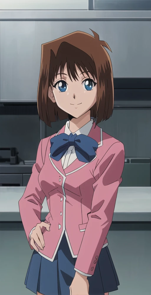 TG, girl, solo, upper body, portrait, looking at viewer, smile, pink blazer, bowtie, blue miniskirt, perfect quality, good quality, masterpiece, HDR, UHD <lora:Tea Gardner-000003:0.8>