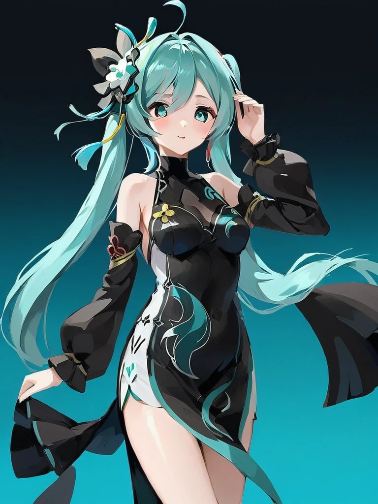 <lora:xl_shenhe(lenghuayoulu)2-000012:1>,She is wearing the "Lenghuayoulu" outfit which includes black china dress and black black sleeves,hatsune miku,, masterpiece, best quality,
