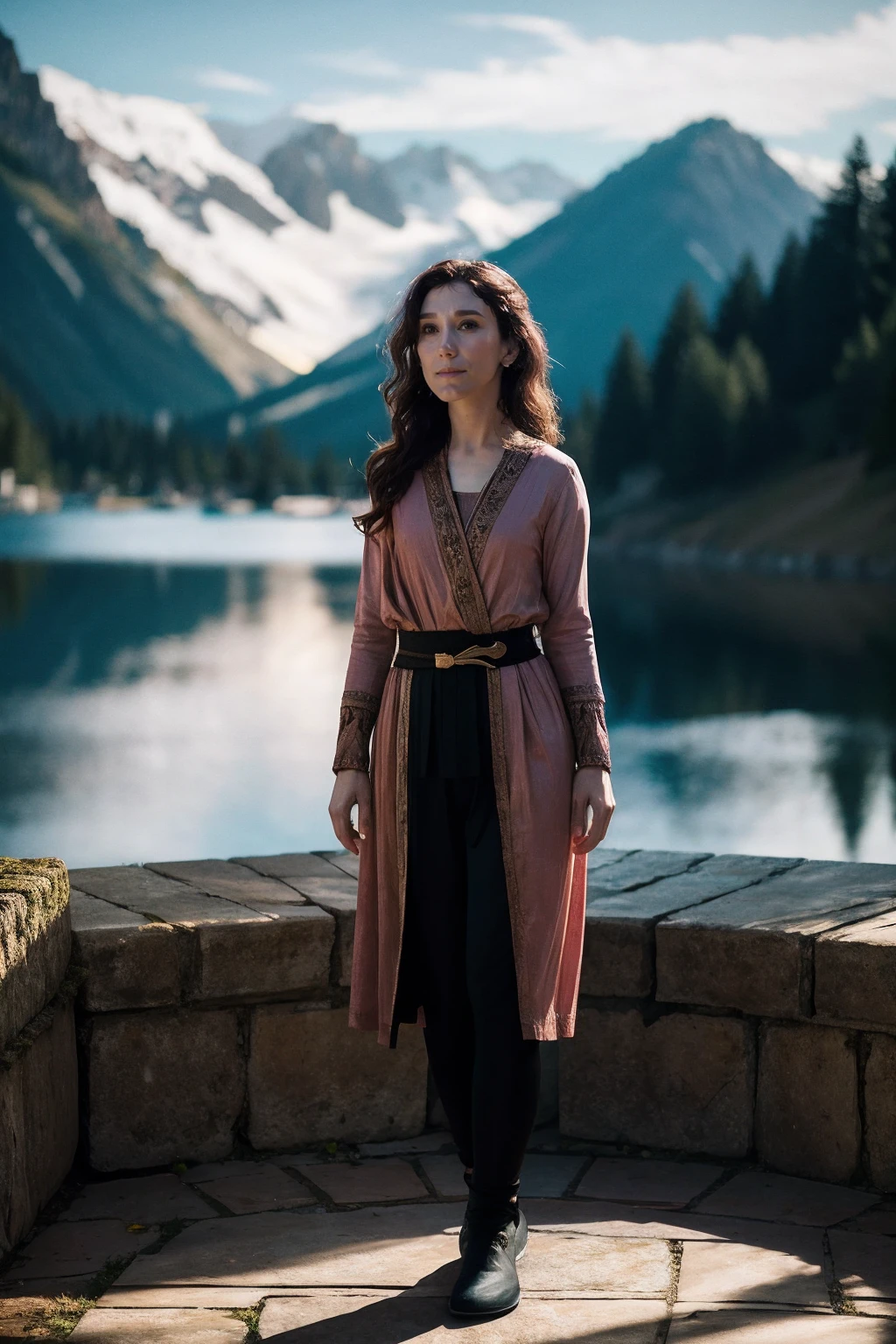 sibelkekilli,a woman wearing tunic and leggings, lakeside, (silhouette lighting:0.5) <lora:sibelkekilli:1>