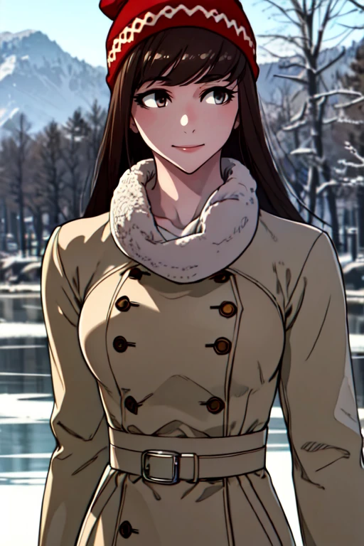 cowboy shot, a woman walking along a river, winter, snowfall, small town, beautiful eyes, beautiful girl, high detail skin, high detail eyes, high detail hair, highres, ultra detailed, sharpen picture, Highly detailed, masterpiece, best quality, photorealistic,
 <lora:HaeyoomKaramLoRA:1> 1girl, long hair, bangs, brown thick fur winter coat, beanie