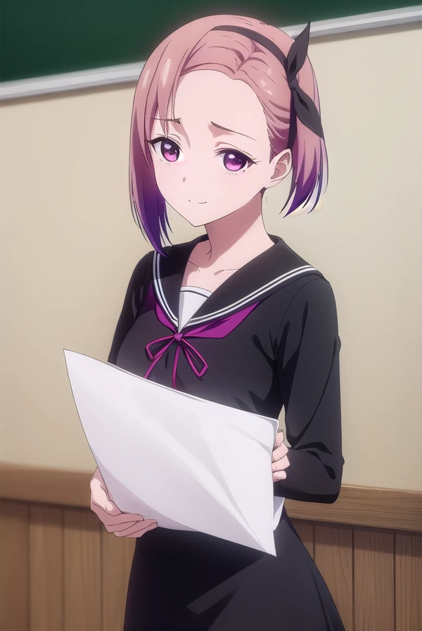 tsubamekoyasu, <lora:tsubame koyasu s3-lora-nochekaiser:1>,
tsubame koyasu, short hair, hair ribbon, pink hair, purple hair, multicolored hair, (pink eyes:1.3), gradient hair, (forehead:1.2), smile,
BREAK long sleeves, dress, ribbon, school uniform, collarbone, (black dress:1.2), sailor collar, white sailor collar, red ribbon, neck ribbon, shuuchiin academy school uniform,
BREAK indoors, classroom,
BREAK looking at viewer, (cowboy shot:1.5),
BREAK <lyco:GoodHands-beta2:1>, (masterpiece:1.2), best quality, high resolution, unity 8k wallpaper, (illustration:0.8), (beautiful detailed eyes:1.6), extremely detailed face, perfect lighting, extremely detailed CG, (perfect hands, perfect anatomy),