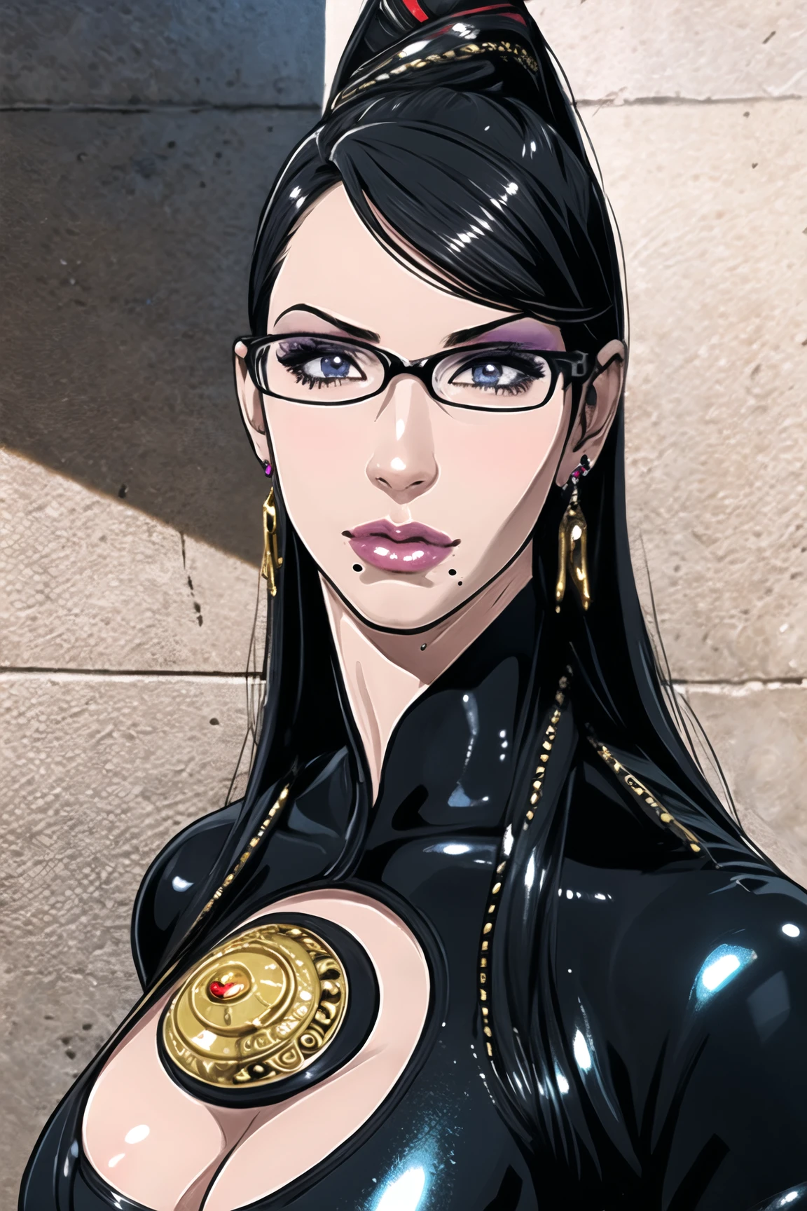 8k, 4k, intricate details, cinematic lighting, stunning environment, (ornate:1.1), (realistic:1.3), detailed face, detailed eyes, detailed shadows, 1girl, solo, (bayonetta:1.1), black hair, (bodysuit:1.1), huge breasts, cleavage, cleavage cutout, earrings, glasses, gloves, high heels, jewelry, lipstick, makeup, mole under mouth, ribbons, (shiny:1.1), very long hair, <lora:CHA_Bayonetta_v1:0.8>