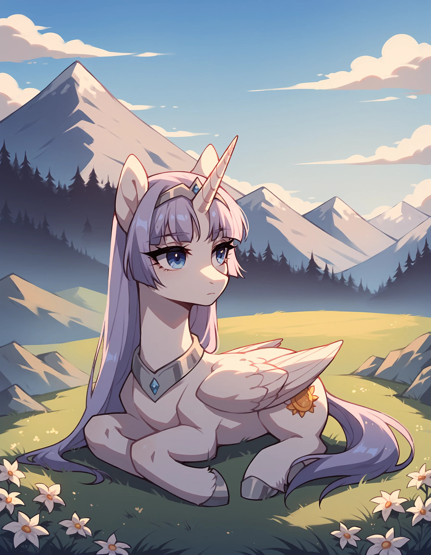 score_9, score_8_up, score_7_up, score_6_up, score_5_up, score_4_up, feral pony, alicorn, (blank flank:1.1), (melfina:1), long hair, light purple hair, blue eyes, silver hairband, white dress, expressionless BREAK outdoors, mountain, day, sky, flower, mountainous horizon, blue sky, grass <lora:Smooth Anime Style LoRA XL:1> <lora:melfina-ponyxl-1-000008:0.6>