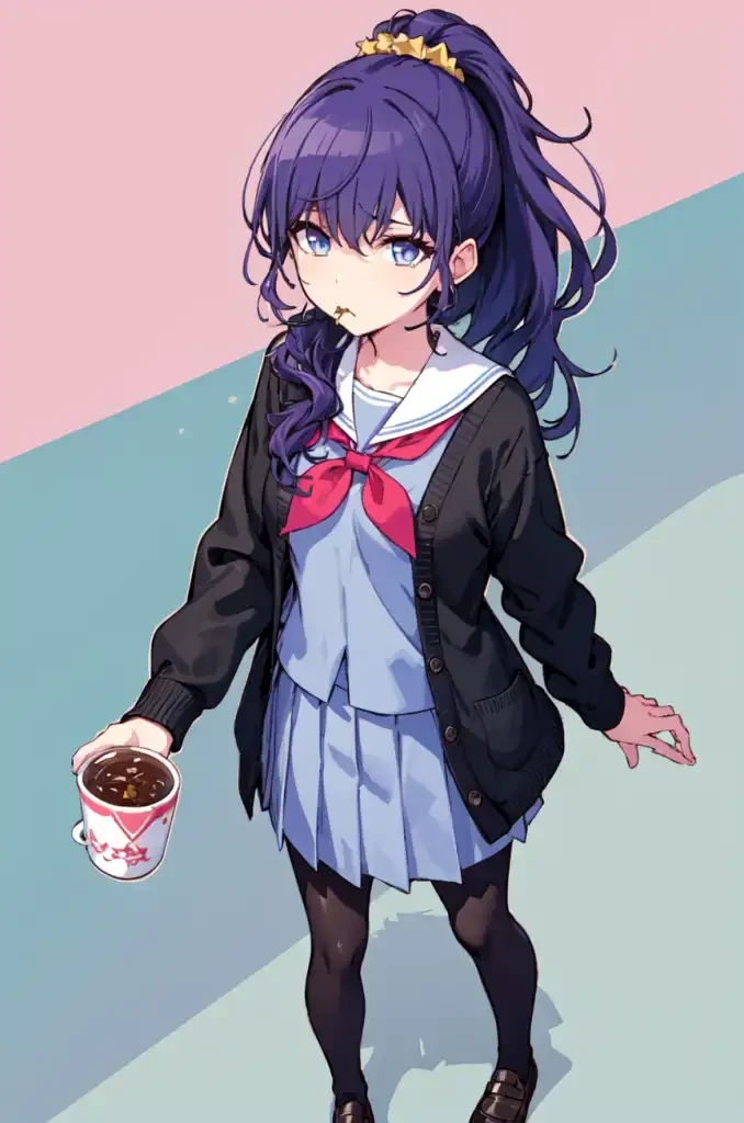 amafuyu, looking at viewer, skirt, shirt, hair ornament, long sleeves, holding, hair between eyes, school uniform, full body, ponytail, pantyhose, sidelocks, pleated skirt, food, open clothes, shoes, serafuku, sailor collar, star (symbol), black footwear, cup, blue skirt, neckerchief, plaid, black pantyhose, wavy hair, eating, scrunchie, cardigan, holding food, high ponytail, blue shirt, loafers, red neckerchief, hair scrunchie, floating, outline, white sailor collar, mug, dot nose, white outline, open cardigan, striped background, doughnut, cookie, pink neckerchief, white scrunchie, black cardigan, blue cardigan, plaid background, light blue background