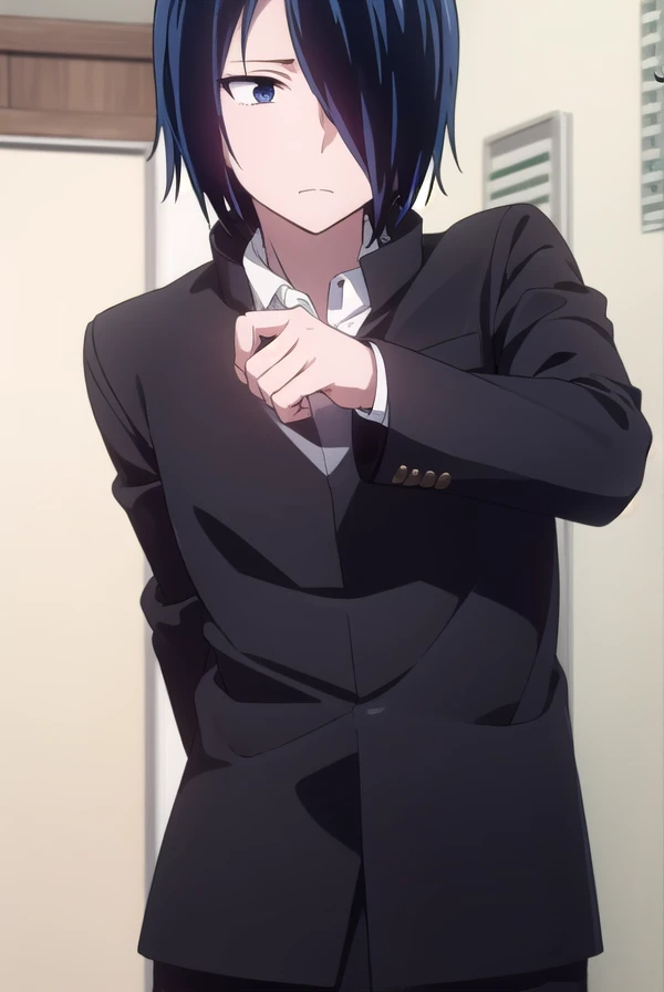 yuuishigami, <lora:yuu ishigami s3-lora-nochekaiser:1>,
yuu ishigami, black hair, blue hair, male focus, (hair over one eye:1.5), (black eyes:1.3),
BREAK shirt, school uniform, jacket, white shirt, open clothes, black jacket, gakuran,
BREAK indoors, classroom,
BREAK looking at viewer, (cowboy shot:1.5),
BREAK <lyco:GoodHands-beta2:1>, (masterpiece:1.2), best quality, high resolution, unity 8k wallpaper, (illustration:0.8), (beautiful detailed eyes:1.6), extremely detailed face, perfect lighting, extremely detailed CG, (perfect hands, perfect anatomy),