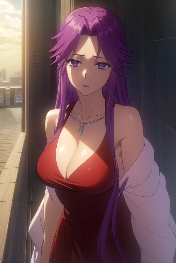 Full body portrait, Yuriko Takagi, full body, yuriko takagi, long hair, (purple eyes:1.1), purple hair, (parted bangs:1.5),dress, cleavage, curvaceous body, jewelry, necklace, high heels, red dress, red footwear, shawl, BREAK looking at viewer, beautiful detailed eyes, extremely detailed face, perfect lighting, (perfect hands, perfect anatomy), looking at viewer