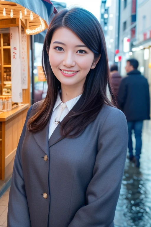 1girl,(RAW photo, best quality), (realistic, photo-realistic:1.4), masterpiece, an extremely delicate and beautiful, extremely detailed, 2k wallpaper, Amazing, finely detail, extremely detailed CG unity 8k wallpaper, ultra-detailed, highres, soft light, beautiful detailed girl, extremely detailed eyes and face, beautiful detailed nose, beautiful detailed eyes,cinematic lighting,perfect anatomy,slender body,smiling ,(bokeh:1.3)
in front of izakaya,narrow street like nakano,lights reflected on wet floor,after rain,night time,shop sign lights,winter night
wearing cashmere jacket
 <lora:yoshimuraeriko_lora:0.8>