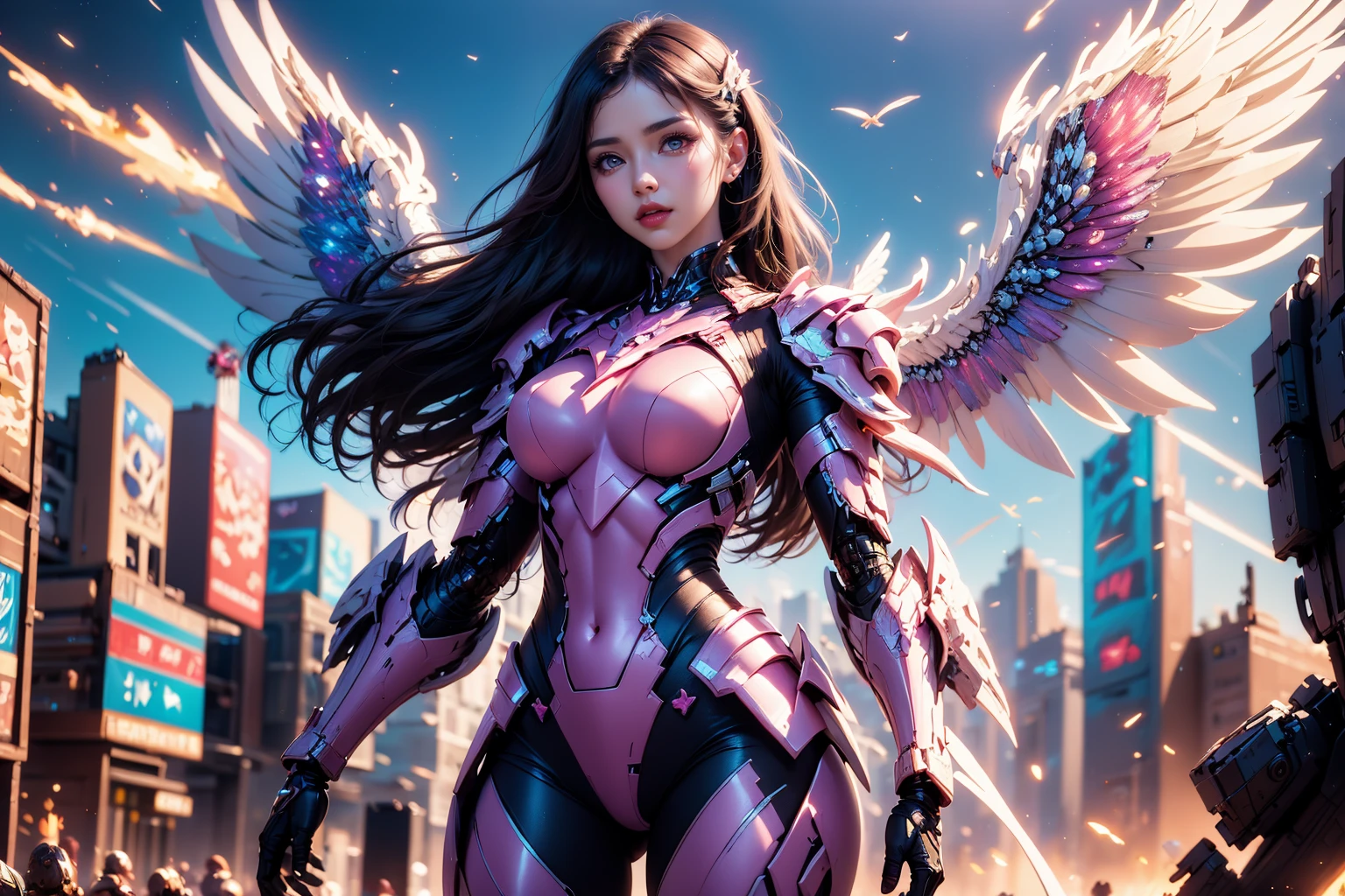 1girl,concept artwork,black hair,(Heroic and heroic girl:1.4),sky,wing,wings with fans,graphics card fan,strong woman mecha warrior,mighty and domineering,cool mecha,32k,pink and white color scheme,white armor,white_background,standing,cowboy_shot,<lora:AGirl_v1:1>,