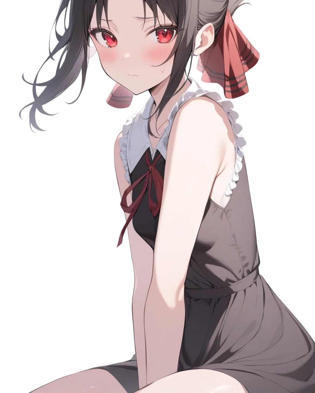 masterpiece,best quality,<lora:shinomiya_kaguya:1>,shinomiya_kaguya, solo, 1girl, red_eyes, white_background, dress, simple_background, ribbon, blush, red_ribbon, looking_at_viewer, sitting, black_hair, black_dress, sleeveless_dress, hair_ribbon, bangs, sleeveless, sidelocks, parted_bangs, collared_dress, closed_mouth, shiny, frills, shiny_hair, short_hair, seiza, folded_ponytail, neck_ribbon, hand_between_legs