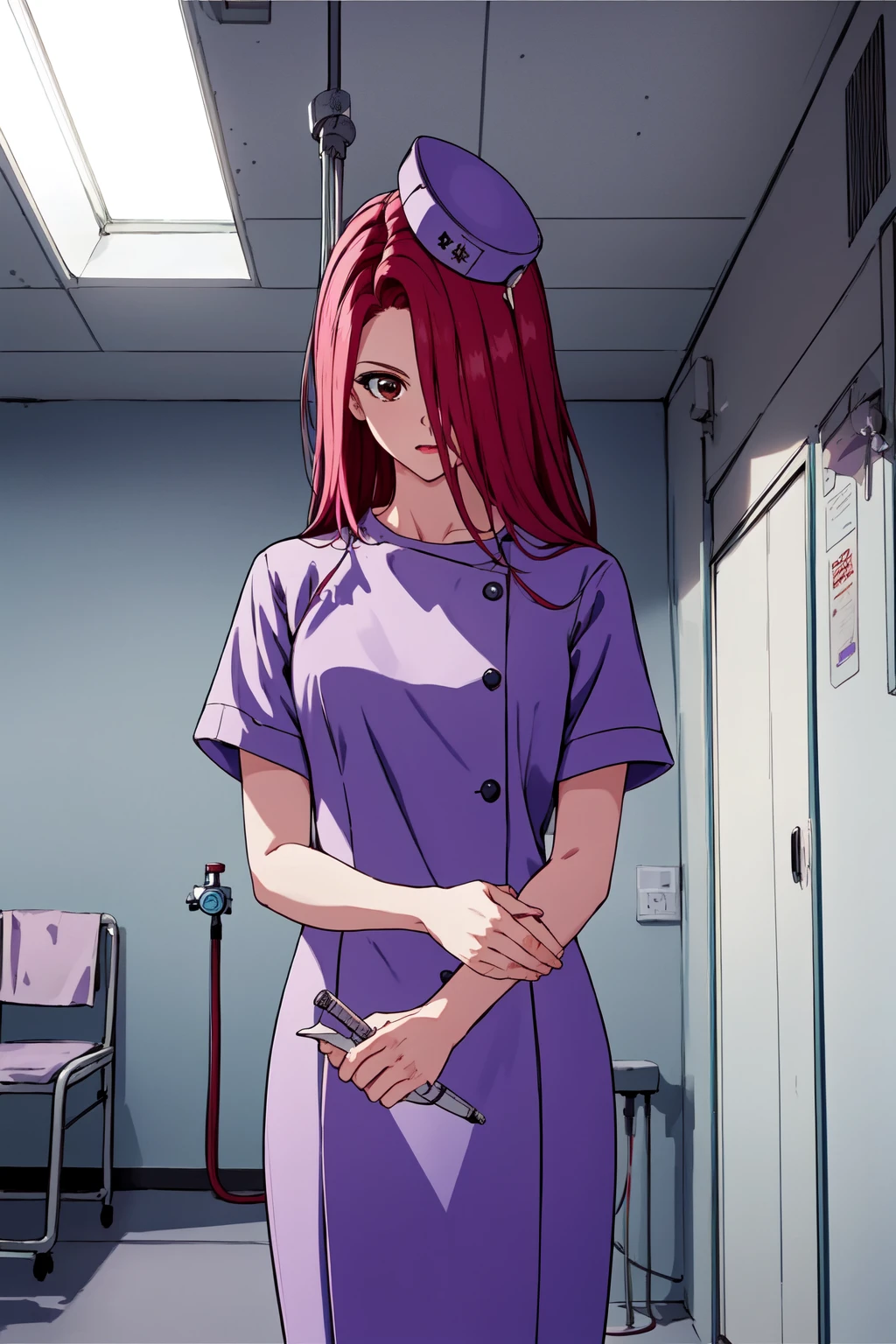 (RAW photo, best quality), 1girl, natural lighting, solo, hospital,
<lora:yuyu_ruka_v1_2-000004:1>, ruka, purple dress, nurse, hat,