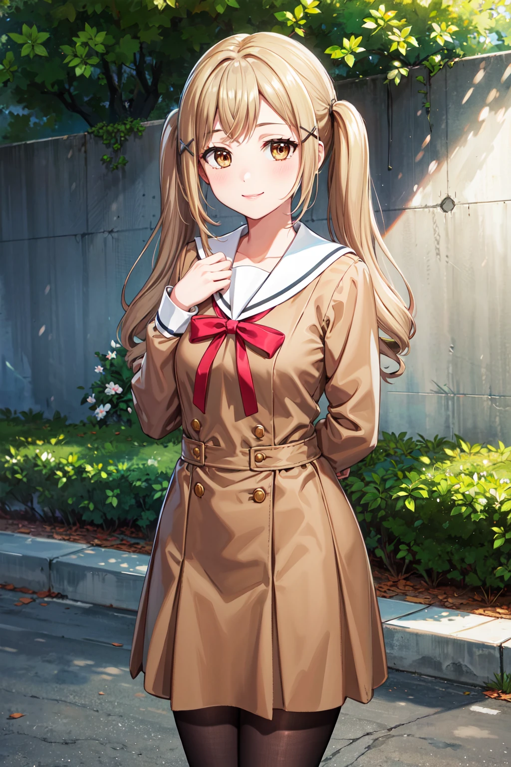 masterpiece,best quality,highres,ultra-detailed,aaarisa,long hair,twintails,bangs,x hair ornament,hanasakigawa school uniform,neck ribbon,red ribbon,brown dress,white sailor collar,brown shirt,double-breasted,long sleeves,brown skirt,black pantyhose,loafers,brown footwear,<lora:ichigaya_arisa:0.7>,outdoors,standing,:smile,cowboy shot,