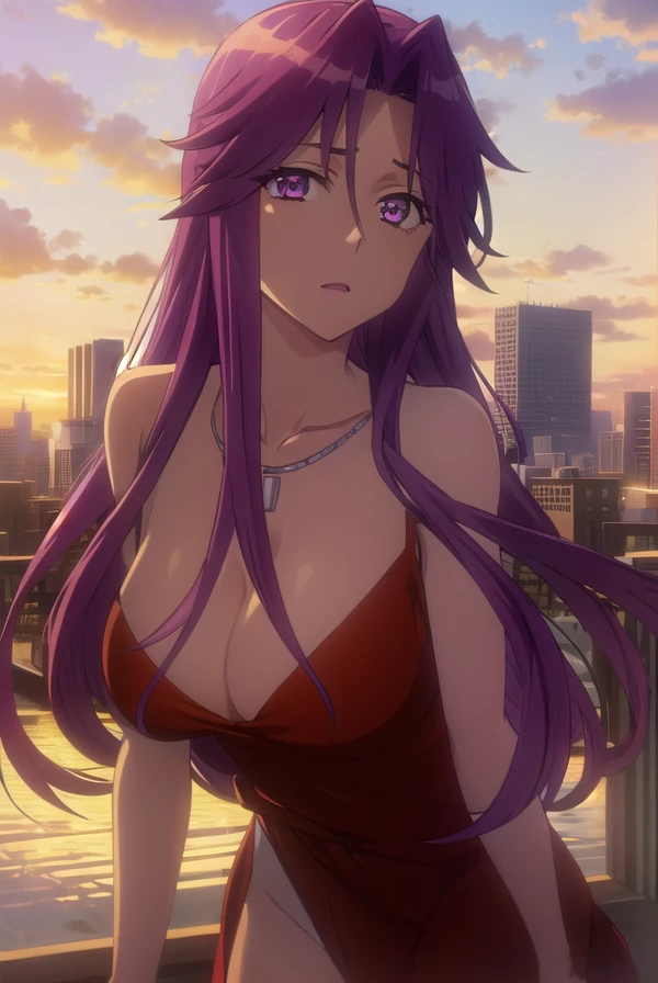 yurikotakagi, <lora:yuriko takagi s1-lora-nochekaiser:1>,
yuriko takagi, long hair, (purple eyes:1.1), purple hair, (parted bangs:1.5),
BREAK dress, cleavage, jewelry, necklace, high heels, red dress, red footwear, shawl,
BREAK outdoors, city, zombies, sun, sky, clouds, cars,
BREAK looking at viewer, (cowboy shot:1.5),
BREAK <lyco:GoodHands-beta2:1>, (masterpiece:1.2), best quality, high resolution, unity 8k wallpaper, (illustration:0.8), (beautiful detailed eyes:1.6), extremely detailed face, perfect lighting, extremely detailed CG, (perfect hands, perfect anatomy),