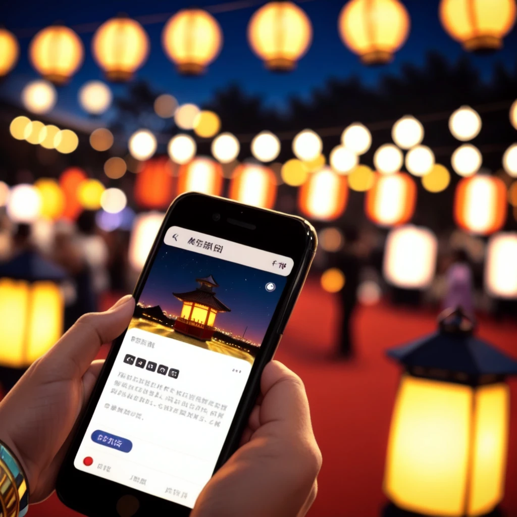 bracelet, lantern, pov hand, smartphone, festival, night, <lora:lantern_and_smartphone_v1:0.5>