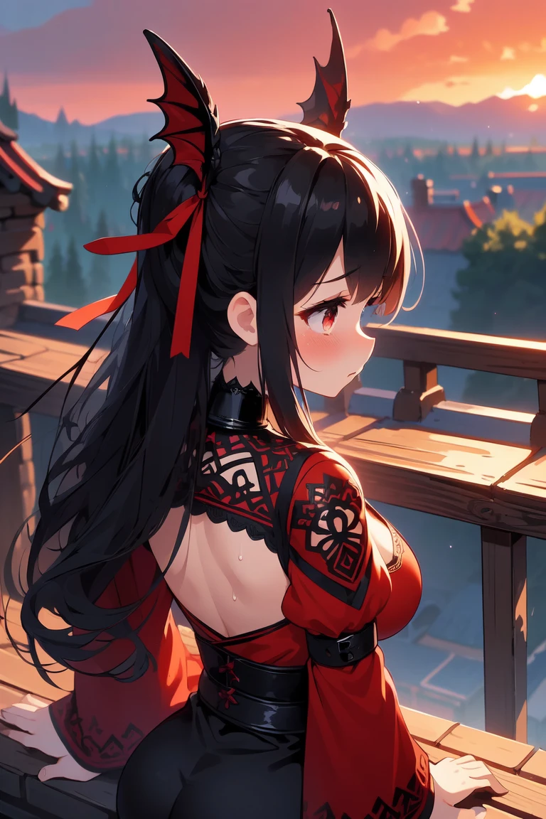 (((masterpiece))), (((best quality))), ((from behind)), a pet dragon, resting on girl's head, (breathing fire:0.9), black collar, red complex pattern cut-out warrior costume, sleeves, solo, 1girl, ribbon, longhair, cleavage, big tits, sweat, shy, blush, balcony, ancient castle, sunset, <lora:girllikepetdragon:1>,